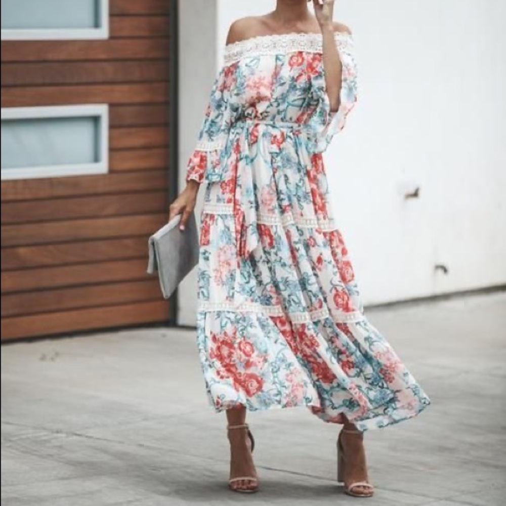 Vici Floral Off The Shoulder Maxi Dress - Cream